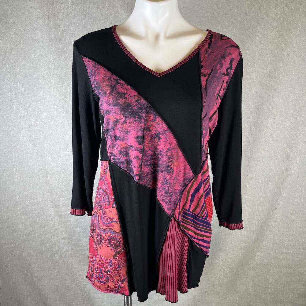 Womens Size M Fits Small Boho Patchwork Tunic Top Black Pink Long Sleeve V Neck